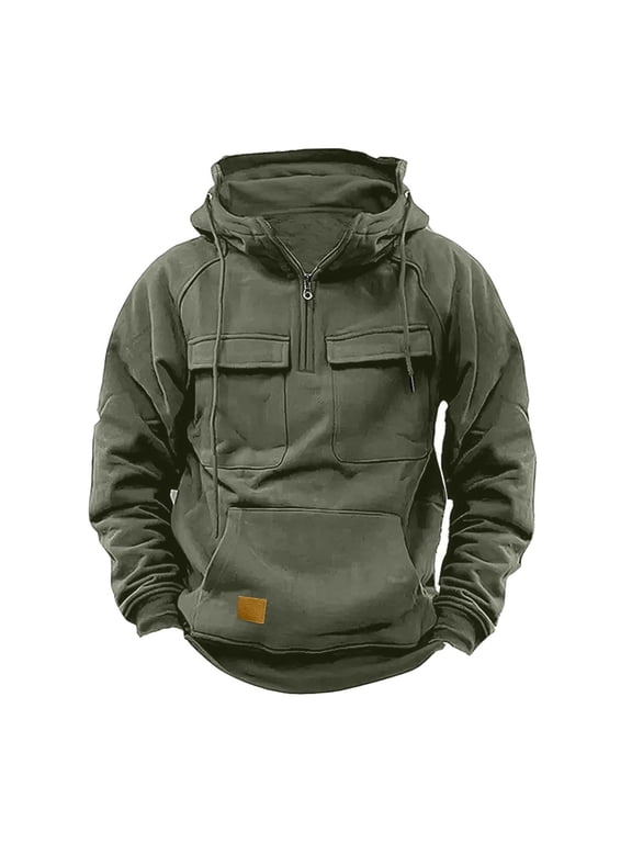 Mens Hooded Sweatshirts Quarter Zip Cargo Hoodies Pullover Tops Long Sleeve Solid Color Oversized Hoodie Casual Fashion Sports Gym Athletic Jogger Winter Jackets with Pockets S-3XL
