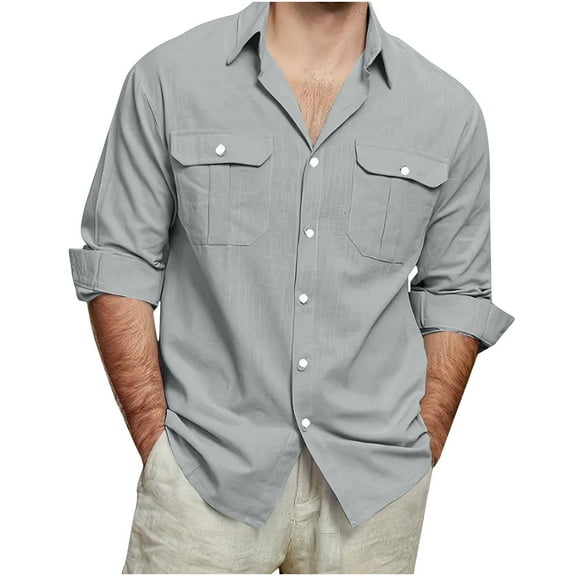 Busydd Mens Linen Shirt Plus Size M-5XL Trendy Turndown Collar Button Up Shirt Comfy Breathable Long Sleeve Shirt Solid Color Oversized Casual Shirt with Pockets