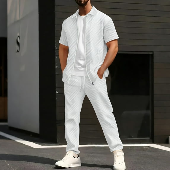 Busydd Mens Lounge Sets Trendy Solid Color Textured Two Piece Sets for Men Lapel Short Sleeve Zip Up Mens Shirts and Drawstring Pants Casual Travel Outfits for Men S