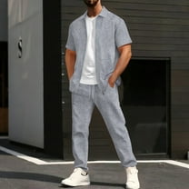 Busydd Mens Lounge Sets Trendy Solid Color Textured Two Piece Sets for Men Lapel Short Sleeve Zip Up Mens Shirts and Drawstring Pants Casual Travel Outfits for Men 2XL