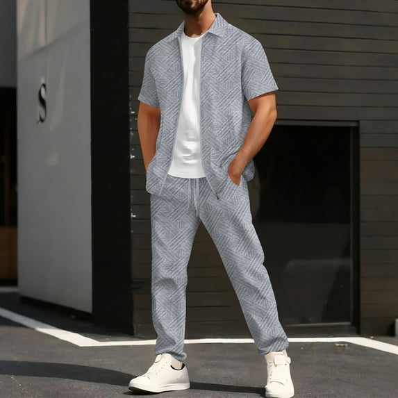 Busydd Mens Lounge Sets Trendy Solid Color Textured Two Piece Sets for Men Lapel Short Sleeve Zip Up Mens Shirts and Drawstring Pants Casual Travel Outfits for Men S
