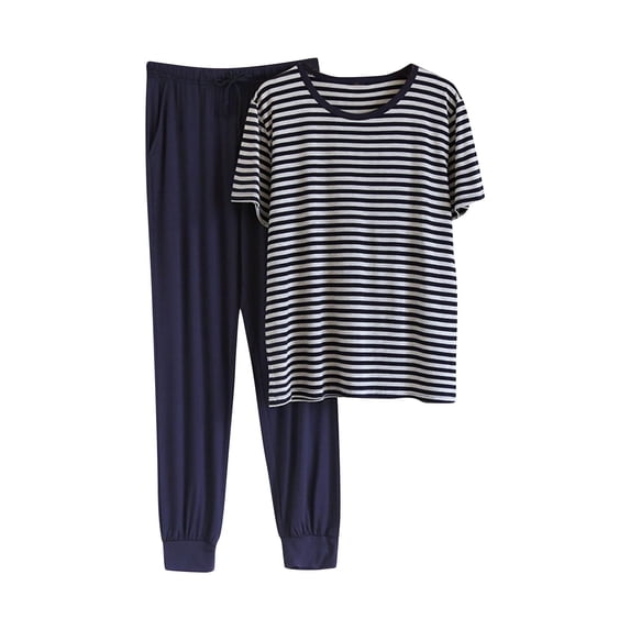Busydd Mens Pajamas Set Fashion Round Neck Striped Short Sleeve Tops and Plaid Pants 2 Piece Sets for Men Summer Casual Comfy Men's Sleepwear Loungewear