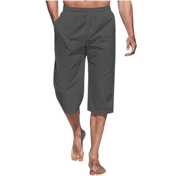 Busydd Mens Pants Elastic Waist Solid Color Capri Pants Casual Drawstring Baggy Pants Comfy Summer Cotton Linen Trousers with Pockets