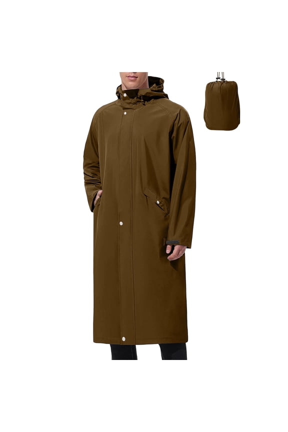Mens Rain Jacket Casual Waterproof Windproof Light Jackets for Men Solid Color Button Long Rain Coats Long Sleeve Hooded Raincoats with Pockets XL