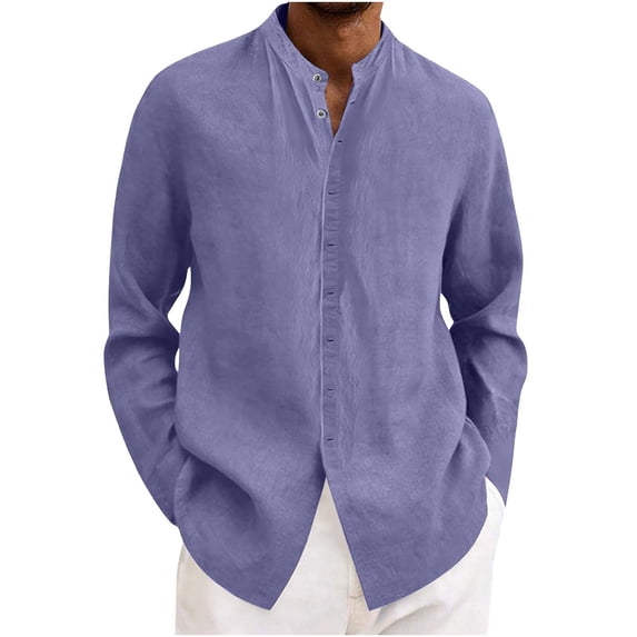 Busydd Mens Shirts Casual Solid Color Long Sleeve Shirts for Men Trendy Stand Collar Linen Button Down Shirt S