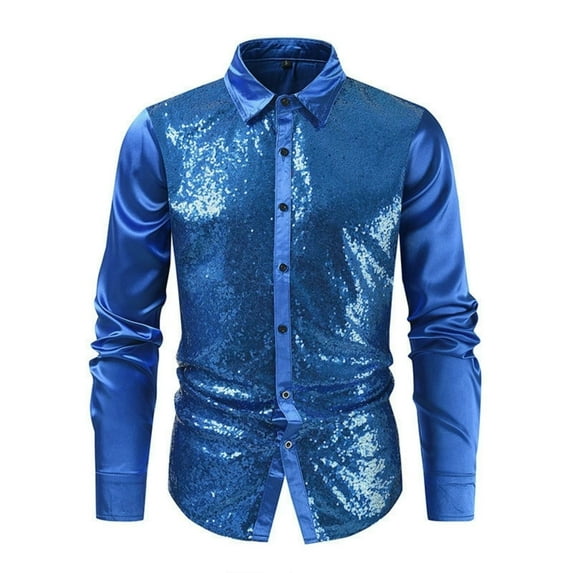 Busydd Mens Shirts Fashion Solid Color Sequin Performance Prom Shirts Long Sleeve Turndown Collar Button Down Shirt
