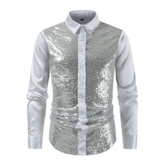 Busydd Mens Shirts Fashion Solid Color Sequin Performance Prom Shirts Long Sleeve Turndown Collar Button Down Shirt