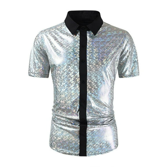 Busydd Mens Shirts Fashion Solid Color Sequin Performance Prom Shirts Short Sleeve Turndown Collar Button Down Shirt