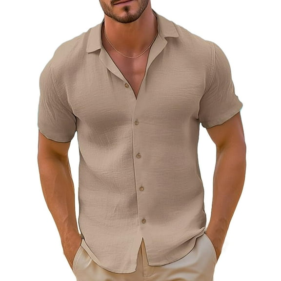 Busydd Mens Shirts Fashion Solid Color Turndown Collar T-Shirts Short Sleeve Button Down Shirts Casual Relaxed Fit Linen Shirts Summer Comfy Lightweight Beach Blouses Tops