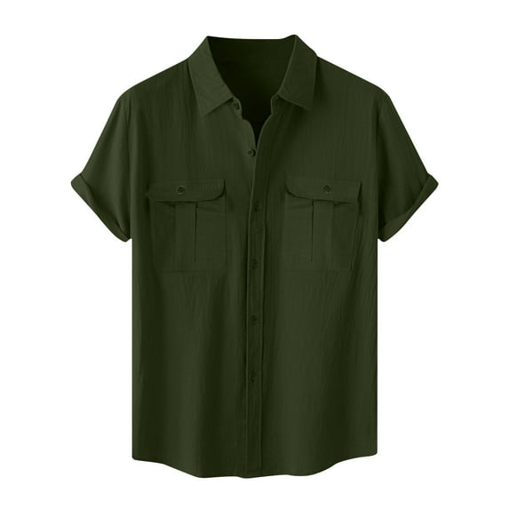 Busydd Mens Shirts Plus Size M-5XL Solid Color Cotton Linen Shirts for Men Fashion Turndown Collar Button Down Shirt Casual Oversized Short Sleeve Summer Shirt with Pockets