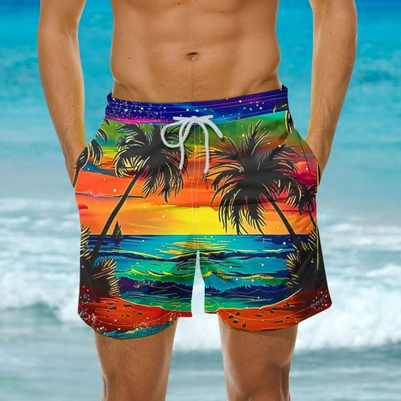 Busydd Mens Shorts Plus Size Shorts S-5XL Fashion Hawaiian Print Swim Trunks Casual Baggy Beach Shorts for Men Elastic Waist Drawstring Summer Shorts with Pockets