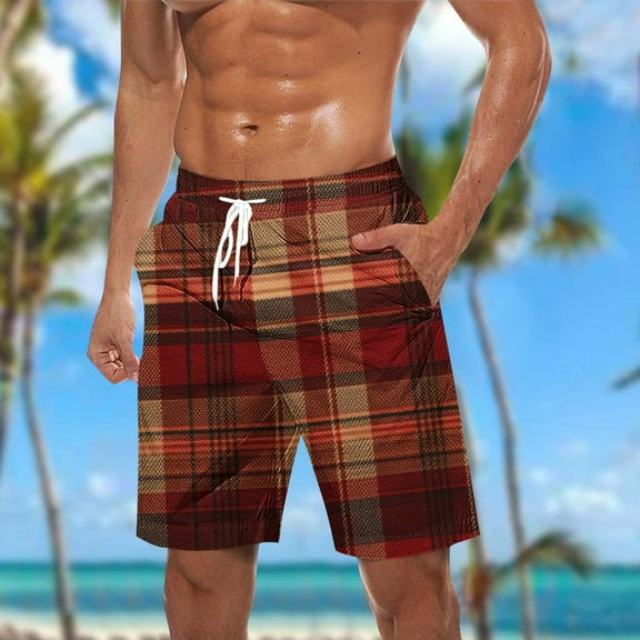Busydd Mens Shorts Plus Size Shorts S-5XL Fashion Vintage Plaid Summer Shorts Elastic Waist Drawstring Casual Shorts Loose Oversized Beach Shorts for Men with Pockets