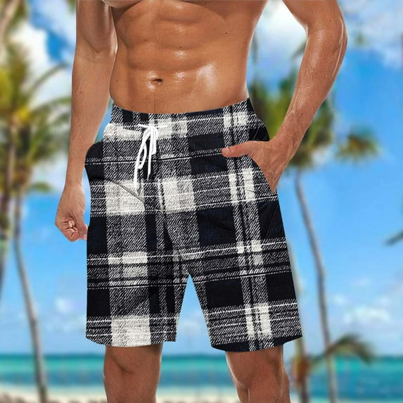 Busydd Mens Shorts Plus Size Shorts S-5XL Fashion Vintage Plaid Summer Shorts Elastic Waist Drawstring Casual Shorts Loose Oversized Beach Shorts for Men with Pockets