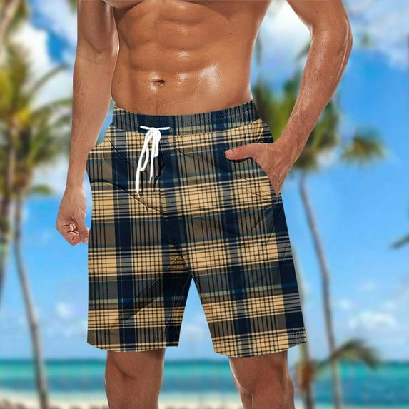 Busydd Mens Shorts Plus Size Shorts S-5XL Fashion Vintage Plaid Summer Shorts Elastic Waist Drawstring Casual Shorts Loose Oversized Beach Shorts for Men with Pockets