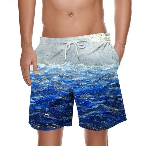 Busydd Mens Shorts Trendy Hawaiian Print Beach Shorts for Men Casual Baggy Elastic Waist Drawstring Swim Shorts Knee Length Summer Shorts with Pockets