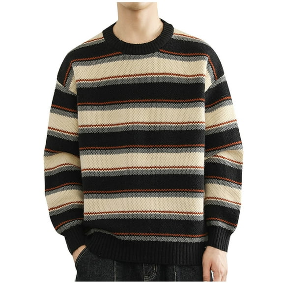 Busydd Mens Sweater Fashion Retro Striped Knitted Sweater Casual Long Sleeve Crewneck Sweater Winter Warm Oversized Pullover Sweaters