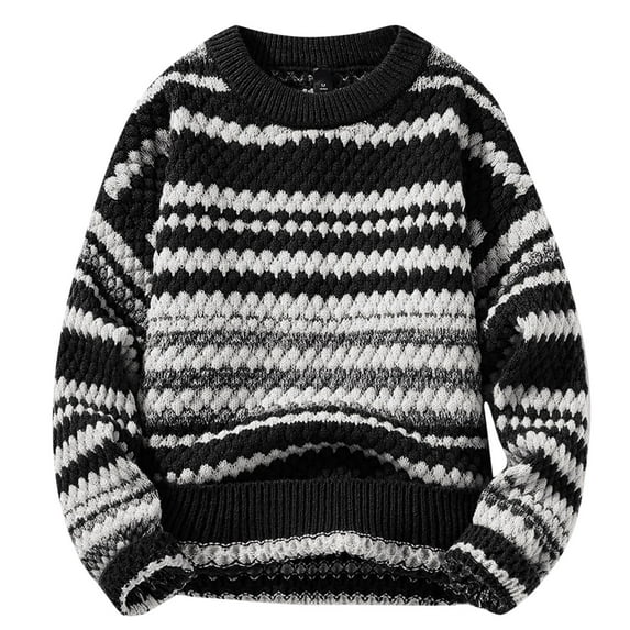 Busydd Mens Sweater Fashion Retro Striped Pullover Sweater Casual Long Sleeve Knit Sweater Warm Fall Winter Oversized Crewneck Sweaters