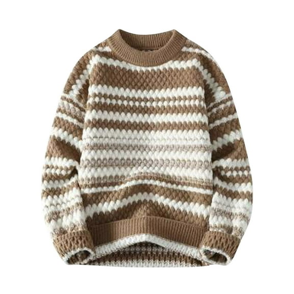 Busydd Mens Sweater Fashion Retro Striped Pullover Sweater Casual Long Sleeve Knit Sweater Warm Fall Winter Oversized Crewneck Sweaters