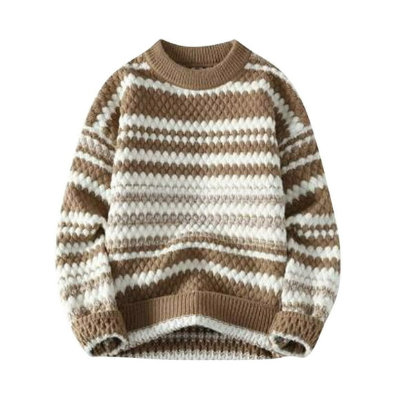 Busydd Mens Sweater Fashion Retro Striped Pullover Sweater Casual Long Sleeve Knit Sweater Warm Fall Winter Oversized Crewneck Sweaters
