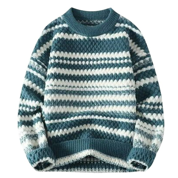 Busydd Mens Sweater Fashion Retro Striped Pullover Sweater Casual Long Sleeve Knit Sweater Warm Fall Winter Oversized Crewneck Sweaters