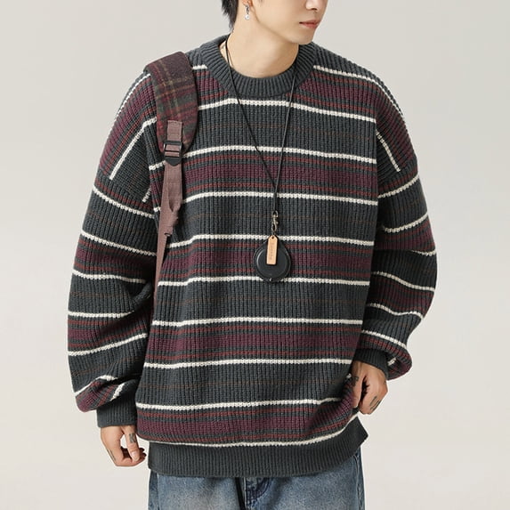 Busydd Mens Sweater Fashion Vintage Striped Knit Sweater Casual Long Sleeve Crewneck Sweaters Winter Warm Oversized Pullover Sweaters