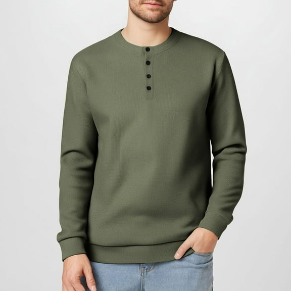 Busydd Mens Sweatshirt Trendy Solid Color Button Crewneck Sweatshirts Casual Long Sleeve Knit Ribbed Pullover Tops