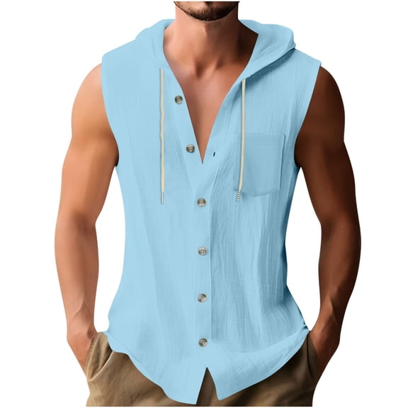 Busydd Mens Tank Top Beach Summer Solid Color Button Tank Tops for Men Casual Drawstring Sleeveless Hoodies for Men with Pocket L