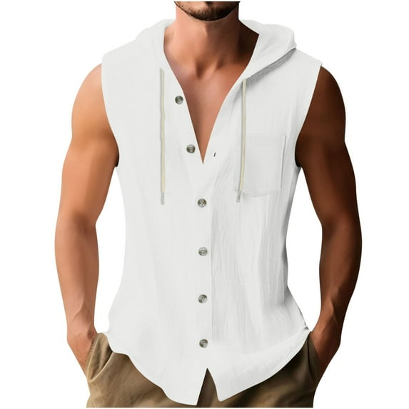 Busydd Mens Tank Top Beach Summer Solid Color Button Tank Tops for Men Casual Drawstring Sleeveless Hoodies for Men with Pocket S