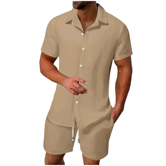 Busydd Mens Vacation Outfits 2 Piece Solid Color Mens Beach Outfit Casual Lapel Short Sleeve Button Up Shirts and Pants Mens Summer Clothes