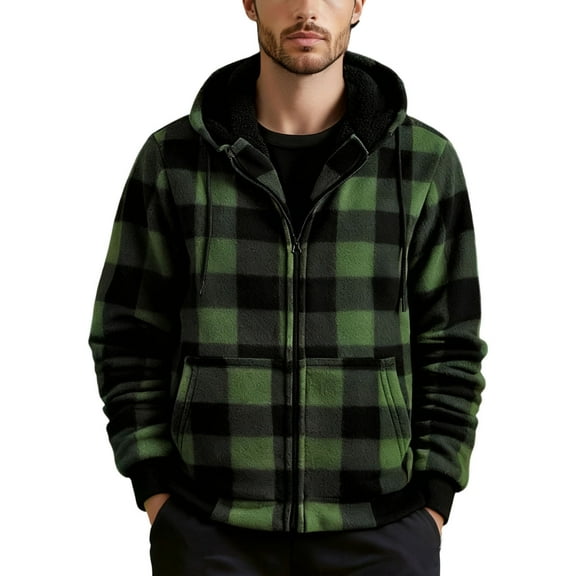 Busydd Mens Winter Jacket Fashion Plaid Warm Mens Fleece Jacket Casual Long Sleeve Zip up Hooded Winter Coats for Men with Pockets 2XL