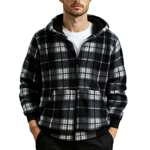 Busydd Mens Winter Jacket Fashion Plaid Warm Mens Fleece Jacket Casual Long Sleeve Zip up Hooded Winter Coats for Men with Pockets L