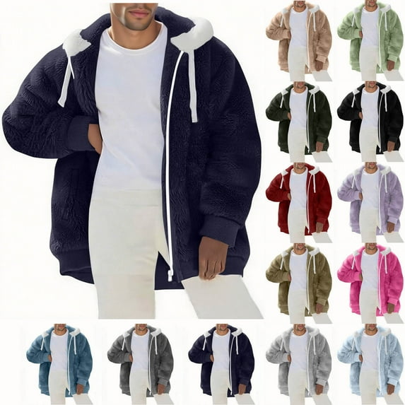 Busydd Mens Winter Jacket Solid Color Long Sleeve Fleece Fuzzy Winter Coats for Men Casual Stylish Drawstring Hooded Mens Winter Coat with Pockets S
