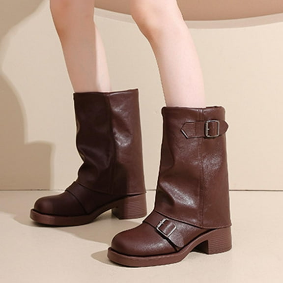 Busydd Mid Calf Boots for Women Comfortable Thermal Winter Boots for Women Casual Chunky Heel Solid Color Womens Boots 5.5