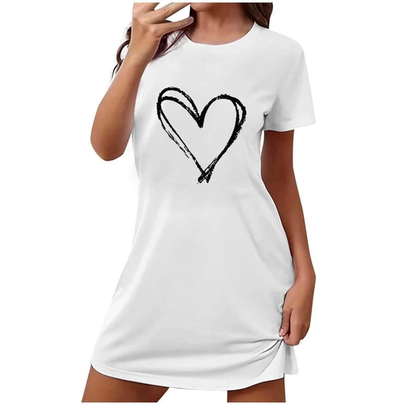 Busydd Nightgowns for Women Fashion Love Heart Print Valentines Dress for Women Casual Round Neck Short Sleeve Summer Dress 5XL