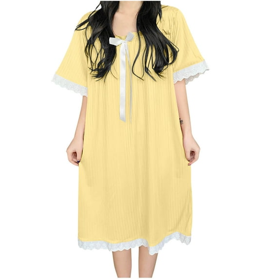 Busydd Nightgowns for Women Short Sleeve Square Neck Nightdress Casual Solid Color Pajamas Cozy Loose Sleepwear