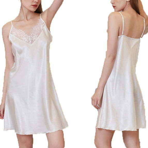 Busydd Nightgowns for Women V Neck Sleeveless Spaghetti Straps Nightdress Casual Solid Color Satin Pajamas Comfort Lightweight Lace Trim Sleepwear