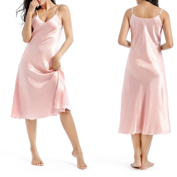 Busydd Nightgowns for Women V Neck Sleeveless Spaghetti Straps Nightdress Fashion Solid Color Satin Pajamas Casual Knee Length Sleepwear