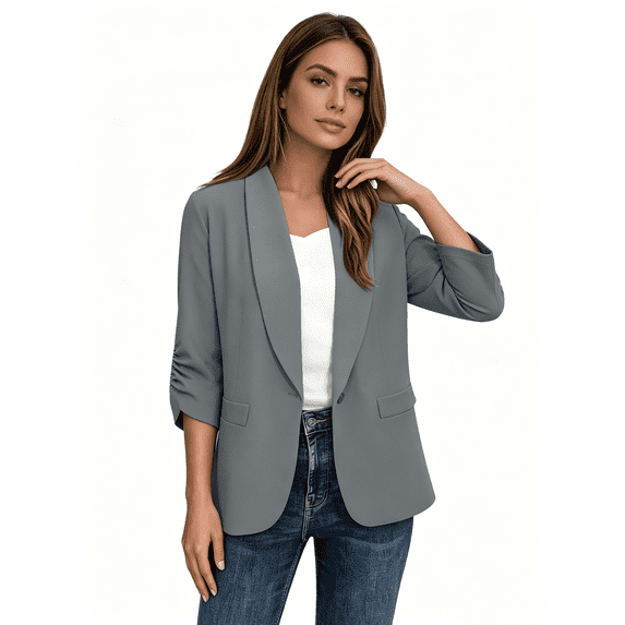Busydd Notch Lapels Womens Blazer Solid Color 3/4 Length Sleeve Formal Jackets for Women Business Casual Single Button Closure Suit Jacket L