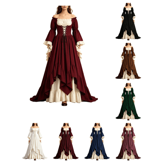 Busydd Off Shoulder Womens Renaissance Dress Fashion Puff Sleeve Lace up Corset Dress Vintage Solid Color Asymmetrical Layered Medieval Costume M
