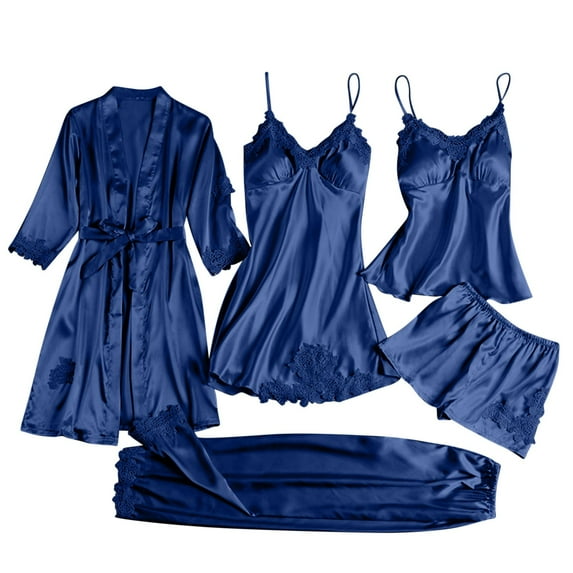 Busydd Pajama Sets for Women 5 Piece Solid Color Silk Pjs Sets Lightweight Robes Dress Cami Shorts Pants Sleepwear Plus Size Nightgowns for Women S-4XL