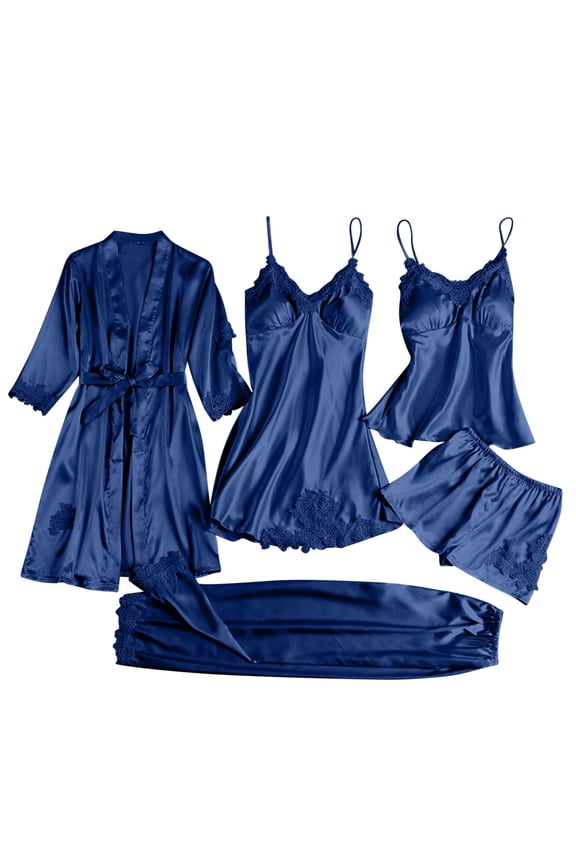Pajama Sets for Women 5 Piece Solid Color Silk Pjs Sets Lightweight Robes Dress Cami Shorts Pants Sleepwear Plus Size Nightgowns for Women S-4XL