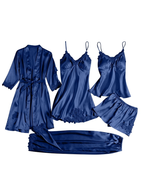 Pajama Sets for Women 5 Piece Solid Color Silk Pjs Sets Lightweight Robes Dress Cami Shorts Pants Sleepwear Plus Size Nightgowns for Women S-4XL