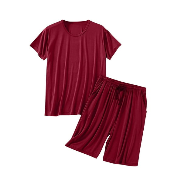 Busydd Pajama Sets for Men 2 Piece Short Sleeve Round Neck T Shirts and Drawstring Shorts Loungewear Set Casual Cozy Solid Color Sleepwear
