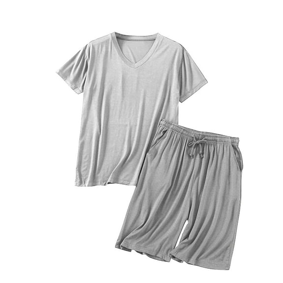 Busydd Pajama Sets for Men 2 Piece Short Sleeve V Neck T Shirts and Drawstring Shorts Loungewear Set Casual Cozy Solid Color Sleepwear