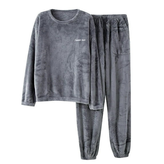 Busydd Pajama Sets for Men 2 Piece Solid Color Warm Flannel Loungewear Set Long Sleeve Round Neck Blouses and Pants Sleepwear