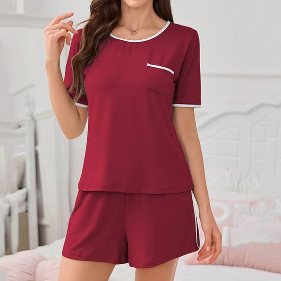 Busydd Pajamas for Women Set Casual Comfy Solid Color Two Piece Sets for Women Summer Short Sleeve Round Neck T-Shirts and Shorts Lounge Sets for Women XL