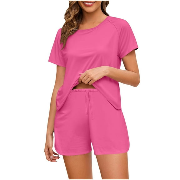 Busydd Pajamas for Women Set Casual Solid Color 2 Piece Sets for Women Round Neck Short Sleeve Tops and Shorts Summer Outfits Comfy Sleepwear Loungewear Set