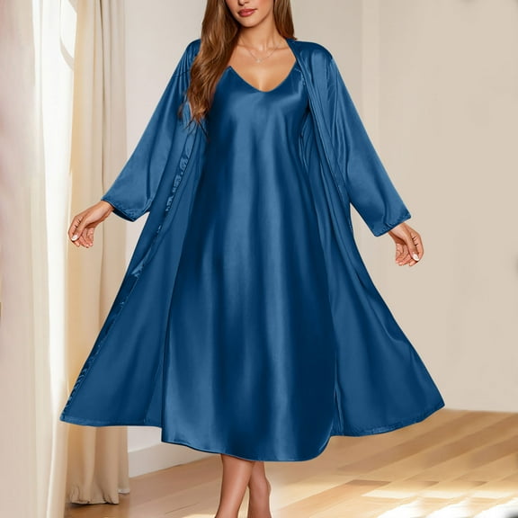 Busydd Pajamas for Women Set Casual Solid Color Womens Loungewear Set Sleeveless Spaghetti Strap Dress and Long Sleeve Robe Two Piece Sets for Women S