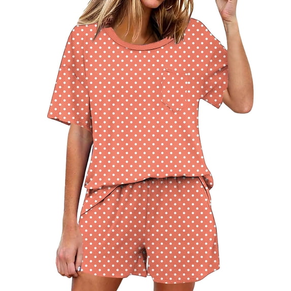 Busydd Pajamas for Women Set Fashion Polka Dot Two Piece Loungewear Set Round Neck Short Sleeve Tee Top and Shorts Women's Sleepwear L