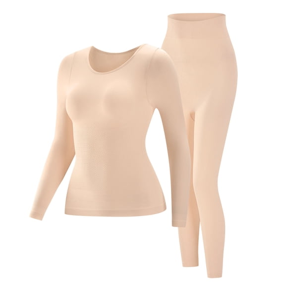 Busydd Pajamas for Women Set Trendy Solid Color 2 Piece Thermal Underwear for Women Long Sleeve Round Neck Tops and Pants Womens Thermal Set M